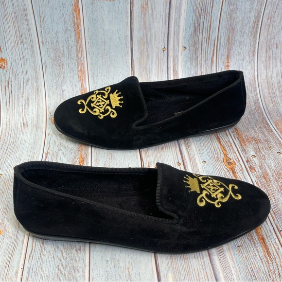 Aerosoles Black Velvet Betunia Smoking Slipper Loafer Gold Crown Embroidery 5.5 - Picture 2 of 8